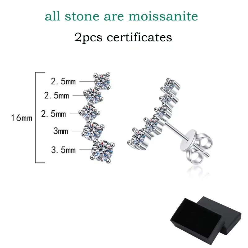 Smyoue 1.16cttw Gradient All Moissanite Smile Stud Earrings for Women 5 Stones Sparkling Wholesale S925 Sterling Silver Jewelry