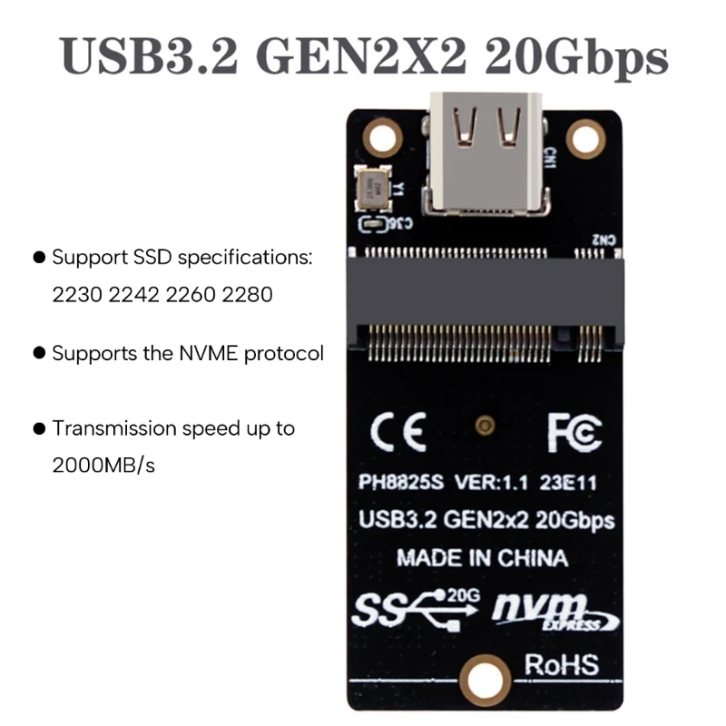 NVME Conversion Board M.2 To Type C SSD Adapter USB3.2 Gen2x2 20Gbps Adapter Board 2000MB/s for SSD 2230/42/60/80