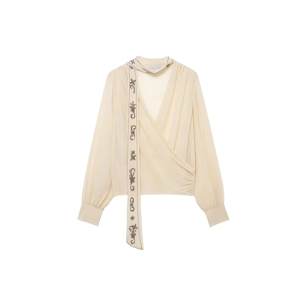 

WOMAN 2026 Summer New Fashion Beaded Scarf Scar Shirt Retro Long Sleeve All-match Casual Female Shirts Blusas Chic Top