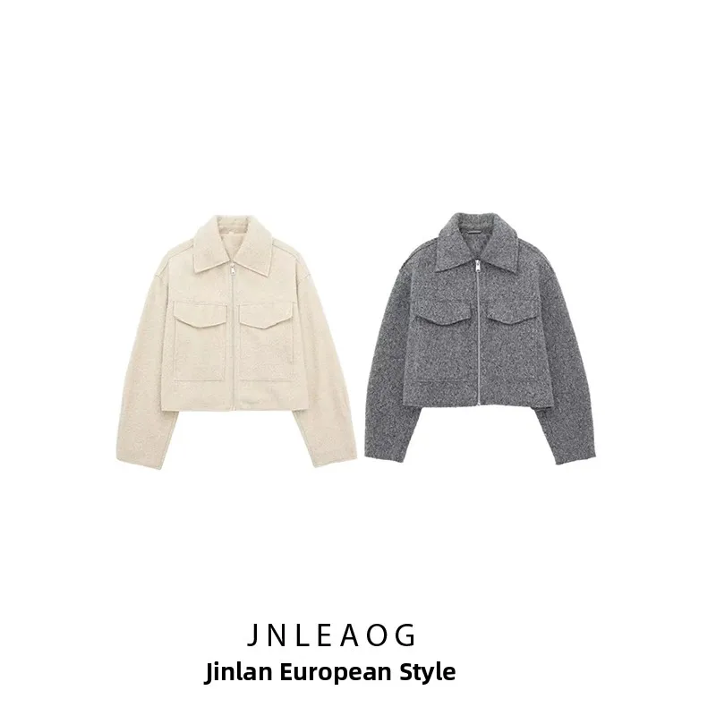 JNLEAOG Outono Novo Casaco Curto de Lã com Pérolas Casual F Estilo de Rua Ajuste Solto Manga Longa F de Zíper Cor ...