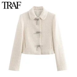 TRAF Women Fashion Autumn Winter New Solid Texture Jacket Bow Single Breasted Long Sleeved Lapel Short Coats Chic Ladies Tops