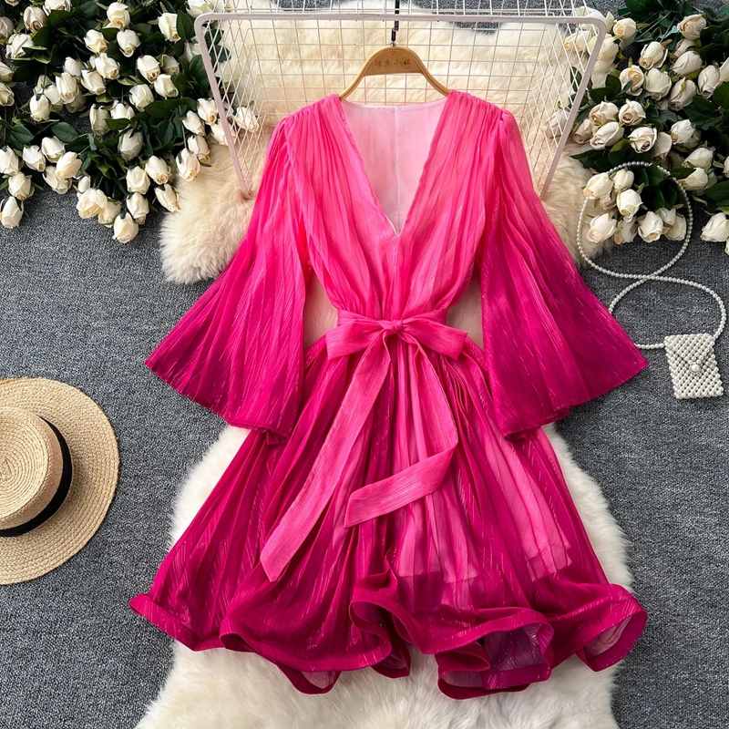 

French Women's Short Dress Women's Fashion Retro Elegant Ruffle Edge Waist Tie Gradient Holiday Dress