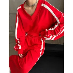 Autumn Winter Red Tops Striped Cotton Sweatshirts Women Contrast Color Long Sleeves Cropped V-neck Sports Casual Street Fashion