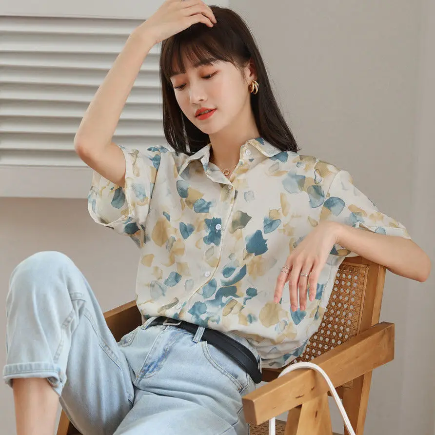 Chemise à manches courtes en mousseline de soie pour femmes, ample et décontractée, Style de vacances, imprimé rétro, pour les déplacements d'été