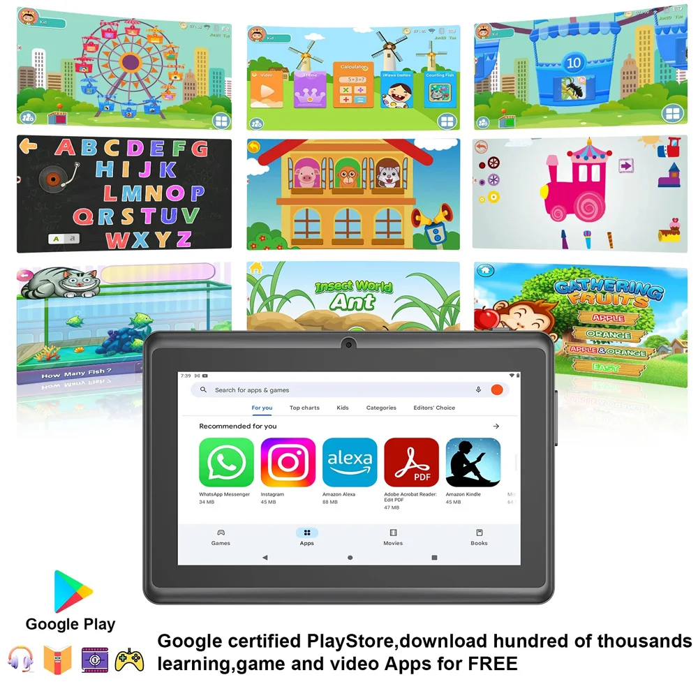 BDF-Q8 Nuovi tablet da 7 pollici Android 13, 4 GB di RAM 64 GB di ROM, 1 TB di espansione, WiFi, batteria da 4000 mAh, doppia fotocamera, Google Learning Tablet PC