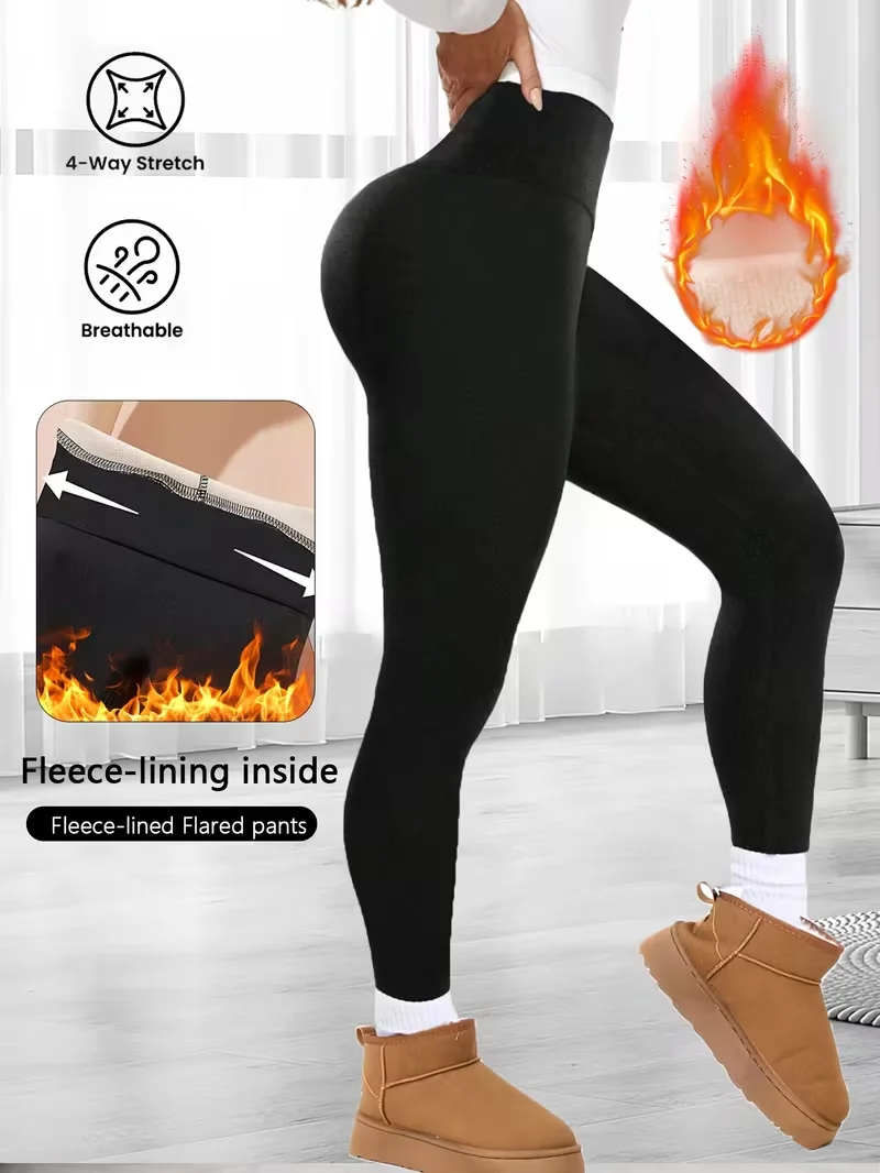 سراويل يوجا من الصوف السميك الناعم للنساء بخصر متقاطع وخصر على شكل حرف V للتحكم في البطن - لباس ضيق للتخسيس والجري الحراري، جينز (جديد)