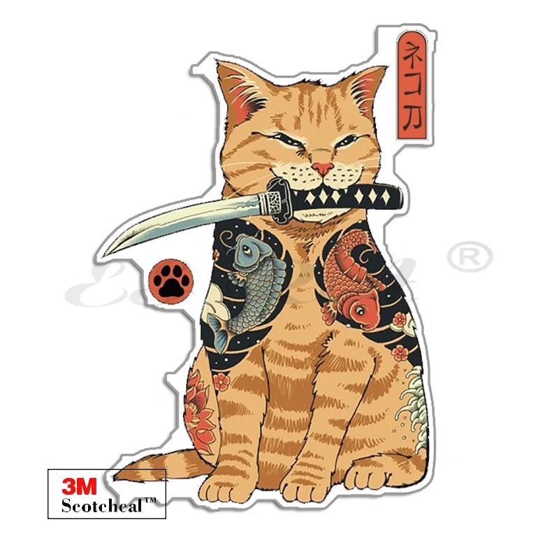 Cartoon Samurai Cat Car Stickers Laptop Decals Vinyl Pegatinas Waterproof 3M Matt for Helmet Pitcher Luaggage Wall