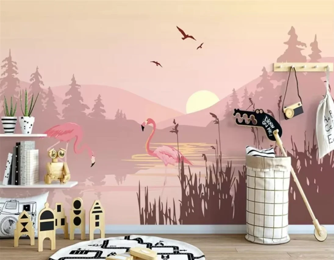 

Обои на заказ, креативные нарисованные вручную красочные фламинго в стиле ретро для девочек и мальчиков, фоновая живопись, 3d обои