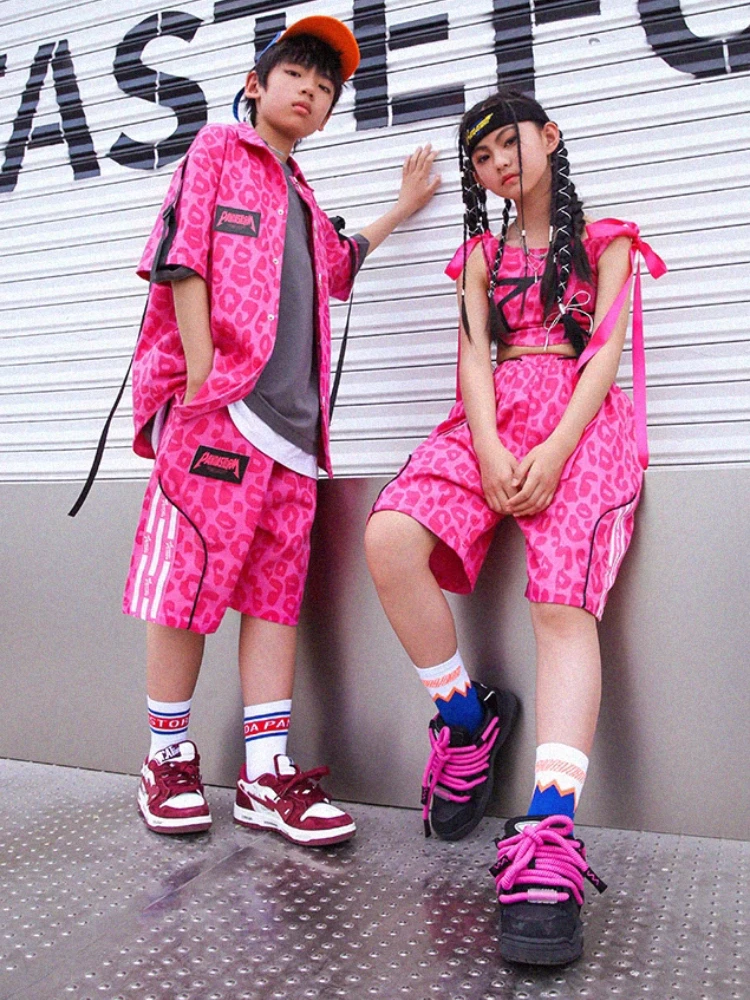 Kids Street Dance Hip Hop Clothes Boys Pink Print Shirt Shorts Girls Jazz Modern Dance Performance Costume Teenagers Casual Wear