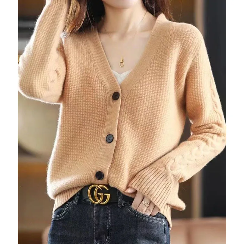 NewFall Fashion V Neck Women Knitted Sweater Cardigan Long Sleeve Soft Slim Sweater Outwear Femlae Solid Casual Knitted Sweater