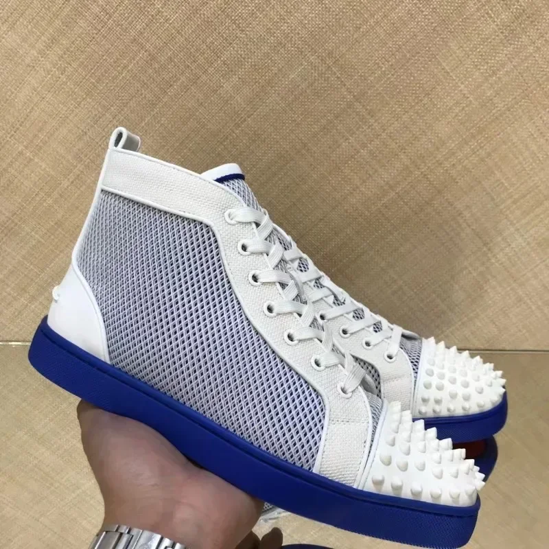 

Luxury High Top Men Blue Bottom Trainers Spiked White Genuine Net Leather Rivets Toecap Flats Sneakers Driving Shoes Footwear