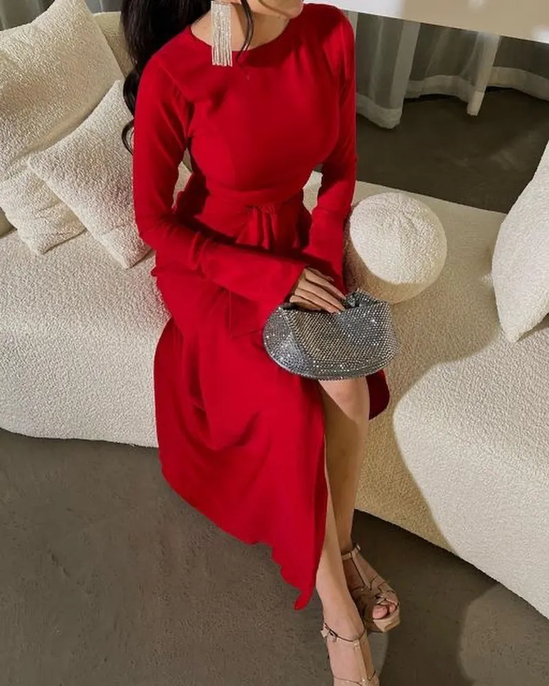 Noble Red O Neckline Prom Dress Ankle-Length With Long Sleeves Evening Summer Party Dress For Women2023