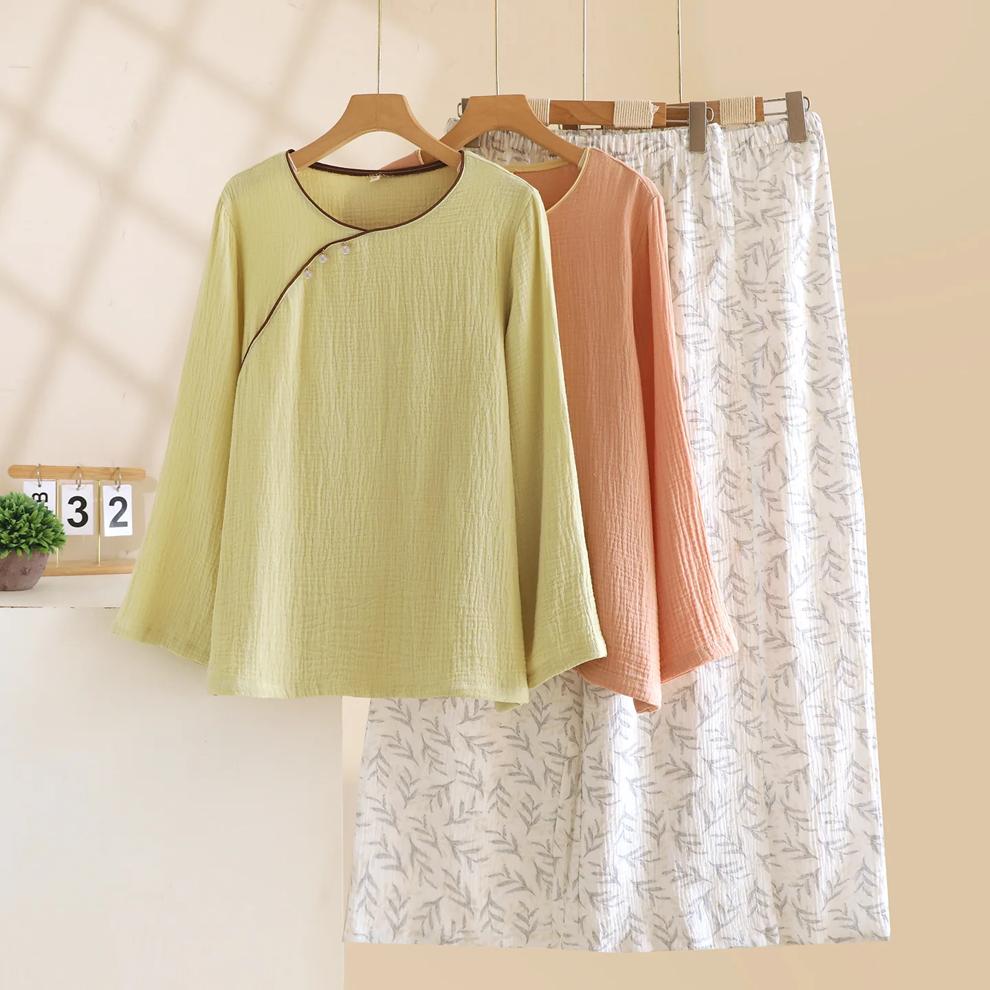 

Spring Cotton Trouser Pajamas Suit For Women's Pijama Autumn Long Sleeved Pants Two Piece Set Room Wear Ladies Pyjama