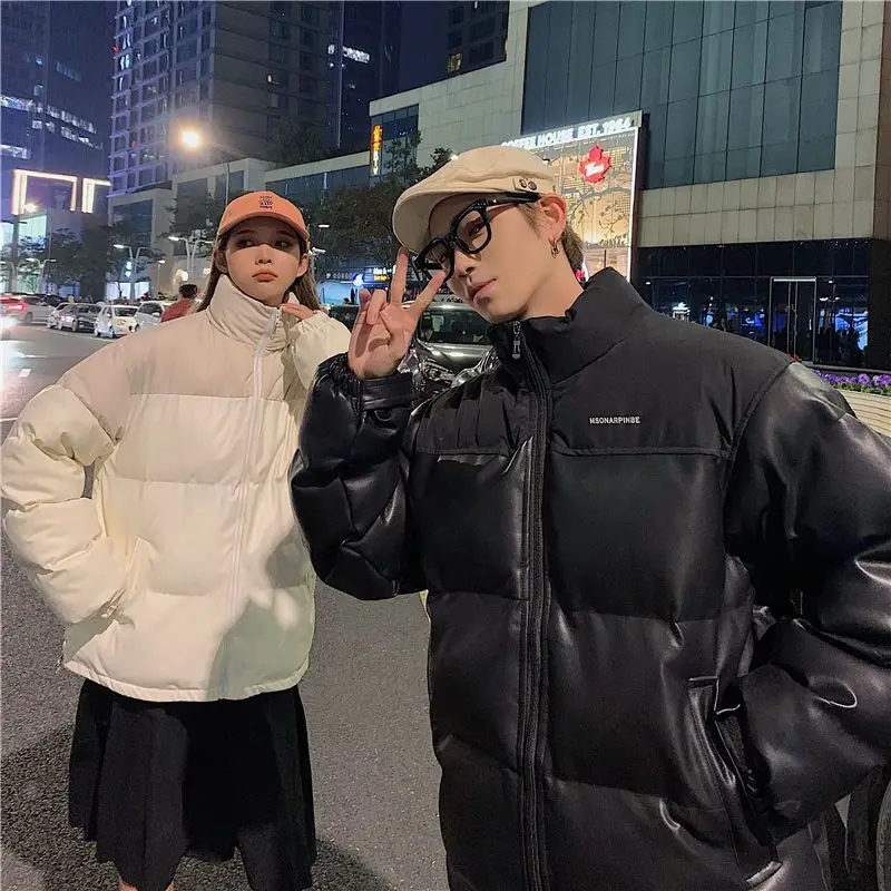 

Зимняя утепленная мужская куртка из искусственной кожи с хлопковой подкладкой в корейском стиле, повседневное пальто с водонепроницаемым геометрическим узором, на молнии, молодежная модель