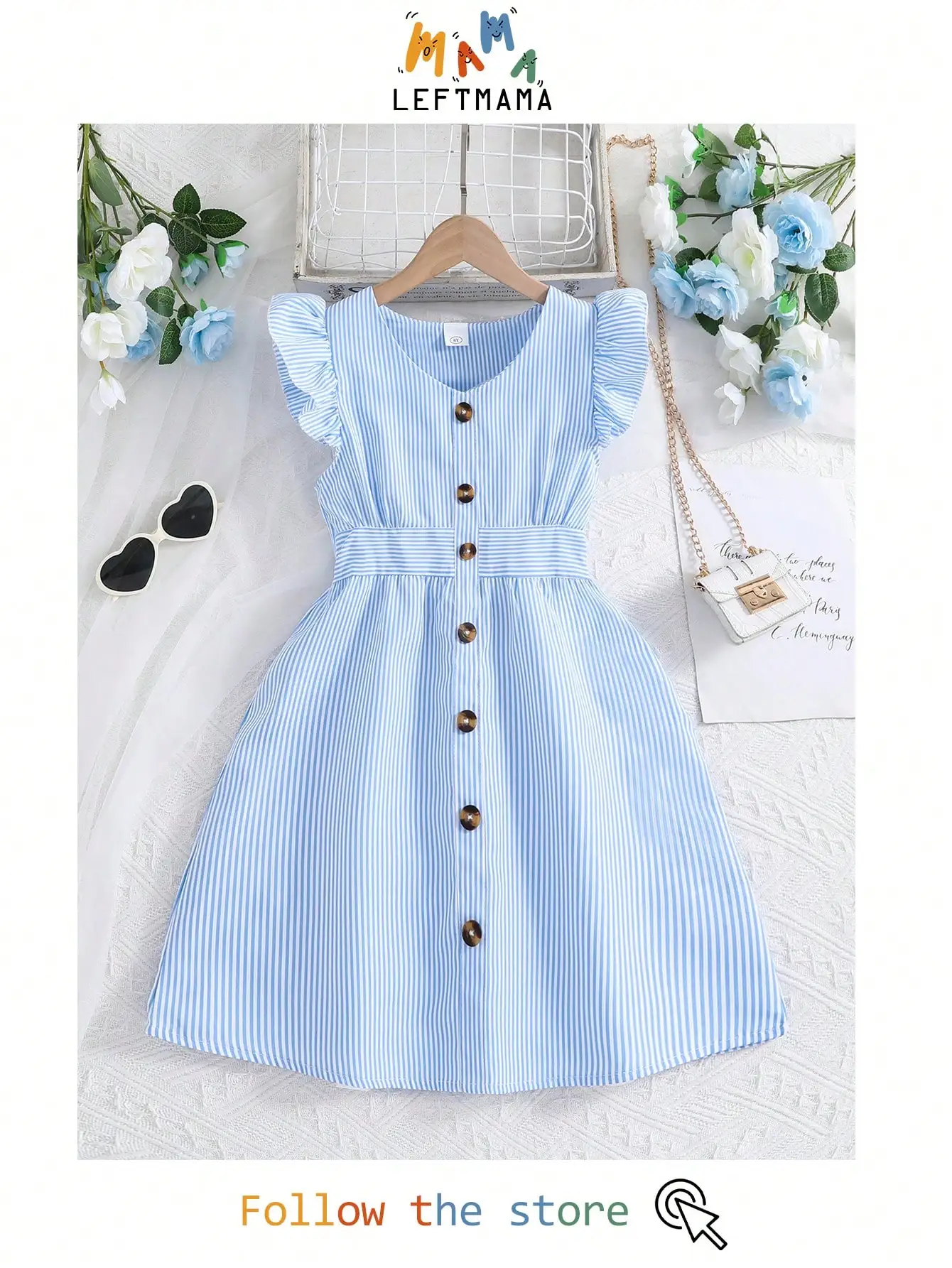 

Сине-белое полосатое платье с короткими рукавами, V-образным вырезом и пуговицами спереди для девочек