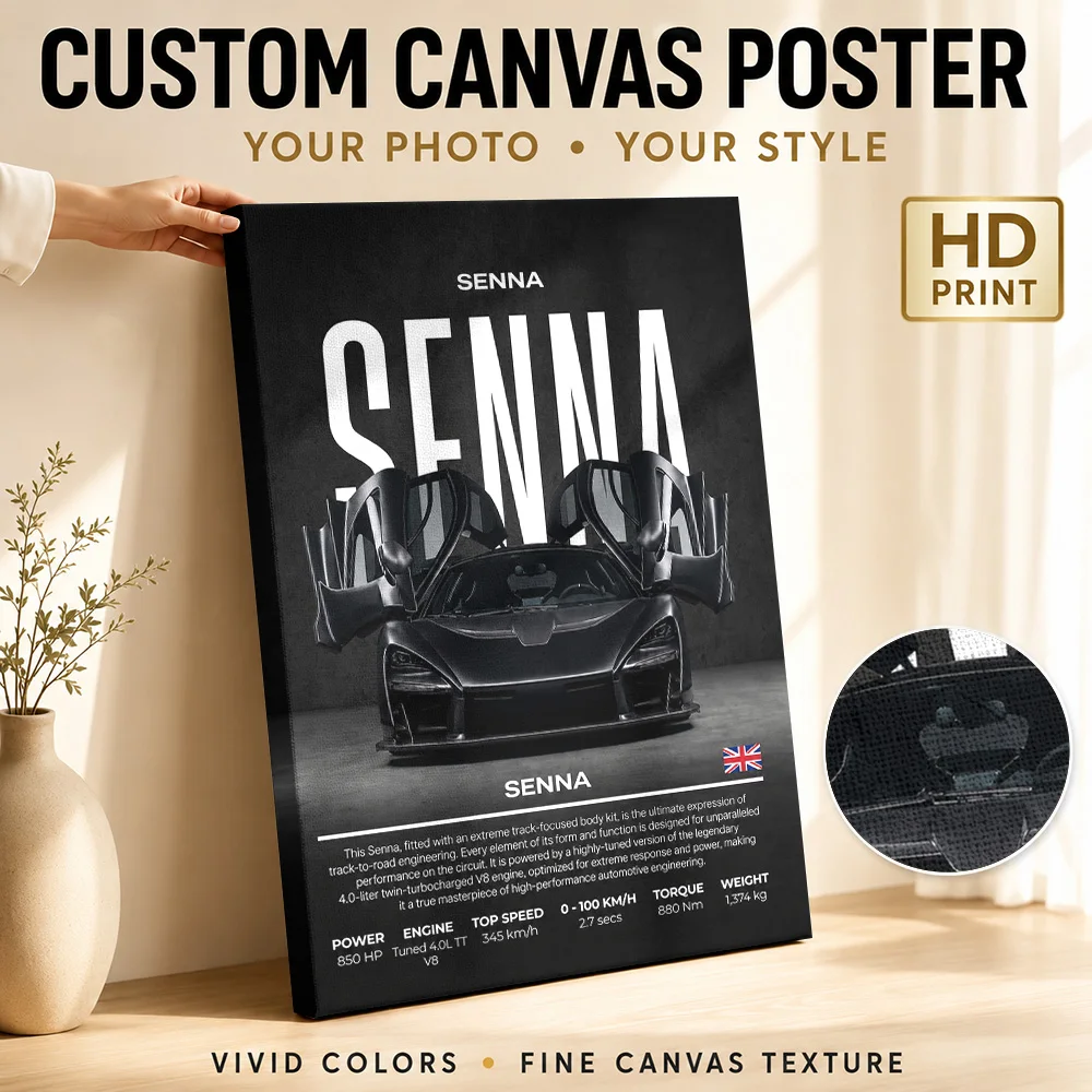 Black British Senna Car Specification Framed Canvas Print Poster Personalized Photo Modern Wall Art Man Cave Decor Driver Gift