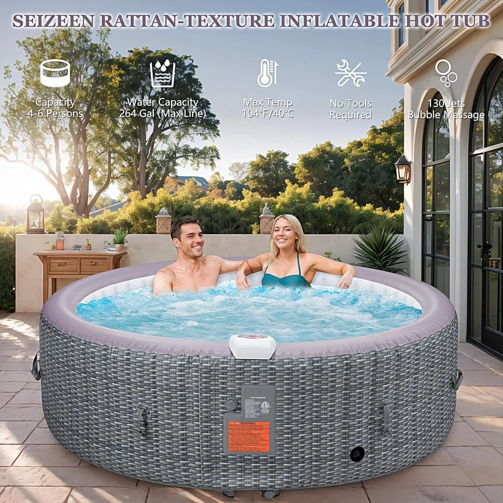 4-6 Person Inflatable Hot Tub with 130 Soothing Bubble Jets, Insulated Cover and 2 Filters，Max 104℉，Portable Spa Hot Tub