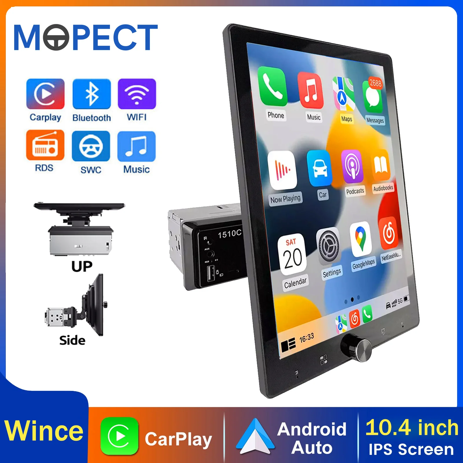 MOPECT 10,4 Zoll Single 1 DIN 90 °   Drehbarer Autoradio IPS Touchscreen Auto-Stereoanlage Kabelloses Apple Carplay Android Auto Multimedia-Player USB TF FM Bluetooth MP5 Carplay