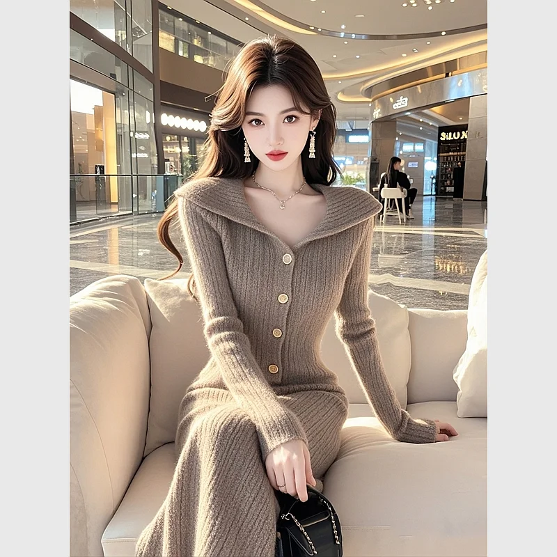 French Style Small Fragrance Waist Cinching Coffee Colored Sweater Dress 2024 Winter New Base Knitted Dresses Female Clothing