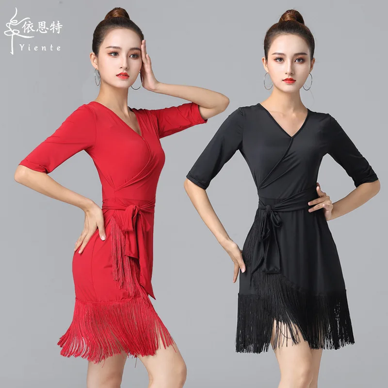 

1pcs/lot woman fashion v-neck latin dance dress lady solid tassel patchwork cha cha dancing dress