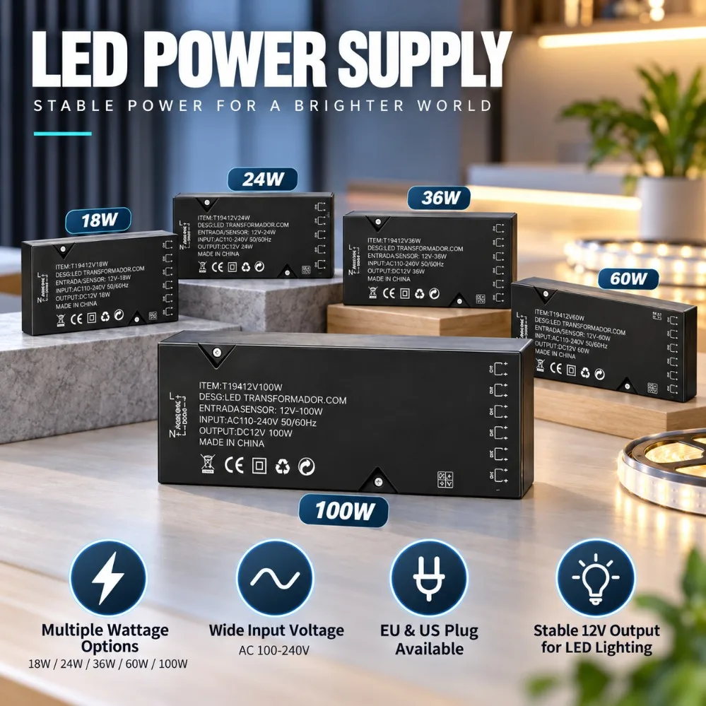 DC12V LED Power Transformer 18W-100W AC110V-250V US/EU Plug with DuPont interface for Wardrobe Shelf Cabinet LED Strip Lighting
