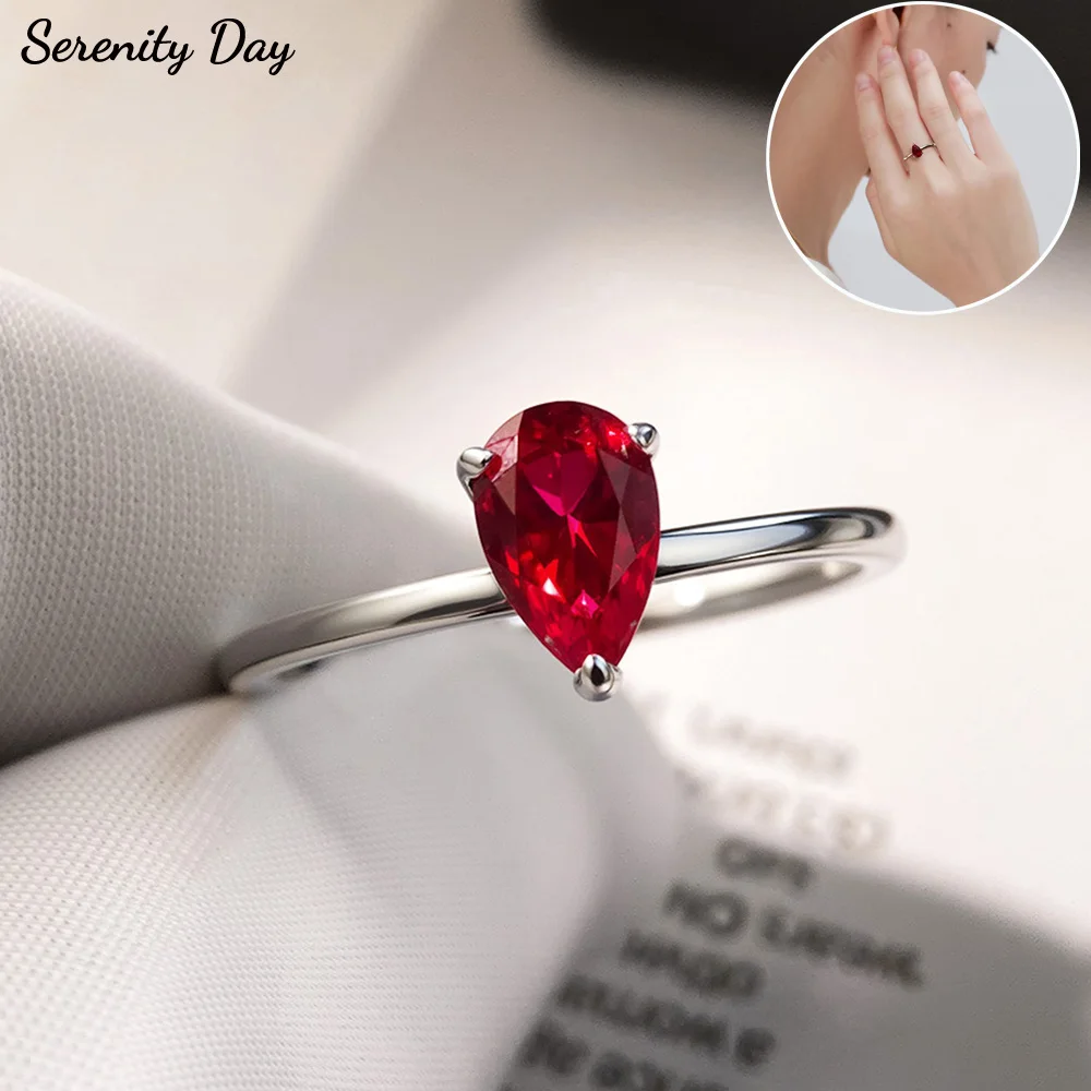 

Serenity 1ct Pear Natural Ruby Rings for Women Gift 100% S925 Sterling Silver Plated 18K Water Drop Moissanite Ring Fine Jewelry