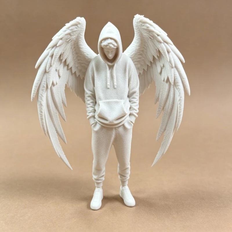 White Resin Angel Wing Man Figurine Hoodie Guy Statue Modern Minimalist Desk Ornament Cool Winged Character Sculpture