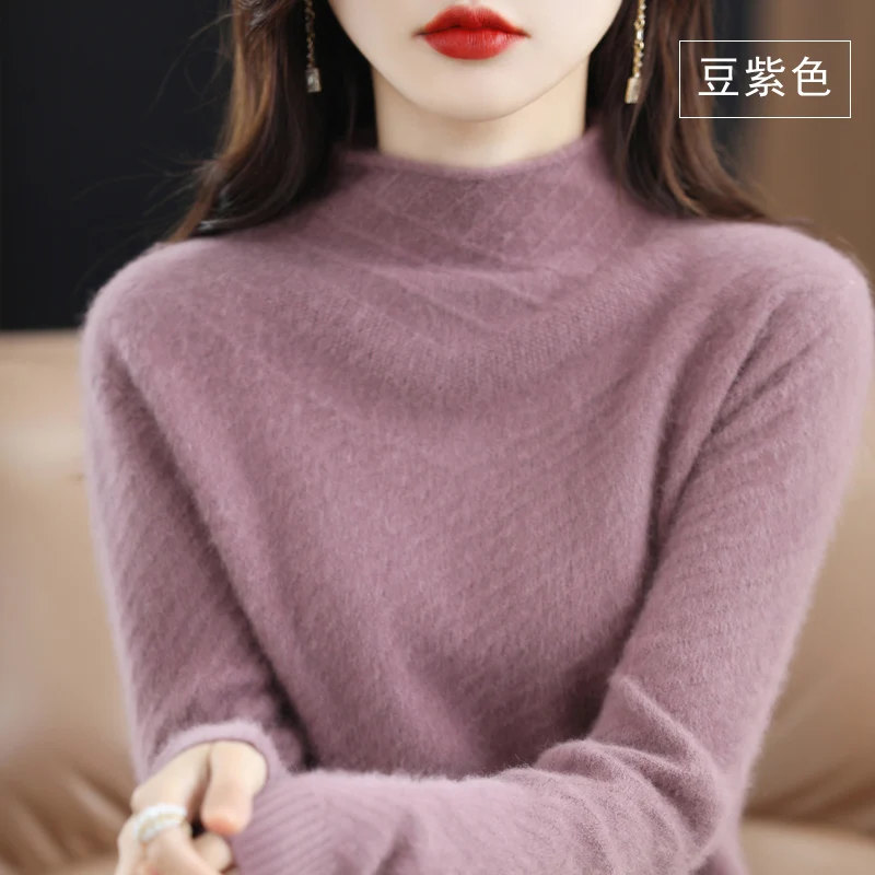 

100% Pure Mink Cashmere Women's Half High Neck Pullover Casual Knit Fashion Thickened Top for Warmth Autumn and Winter Korean