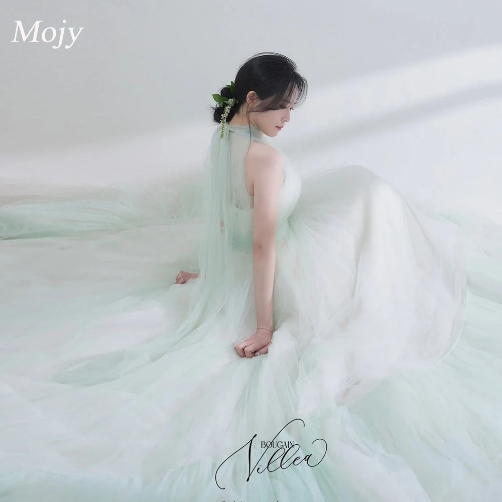 Mojy Fairy Mint Green O-Neck Sleeveless A Line Evening Dresses Korea Wedding Party Photo shoot Floor-Length Formal Occasion