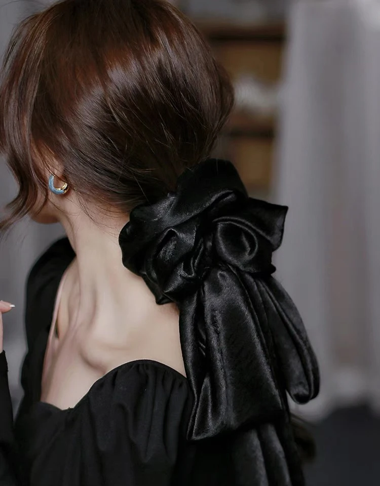 French BIG BOW Hair Rope Satin Ribbon Bow Scrunchies Ponytail Hair Scarf Hair Tie Elastic Hair Rubber Bands Hair Accessories