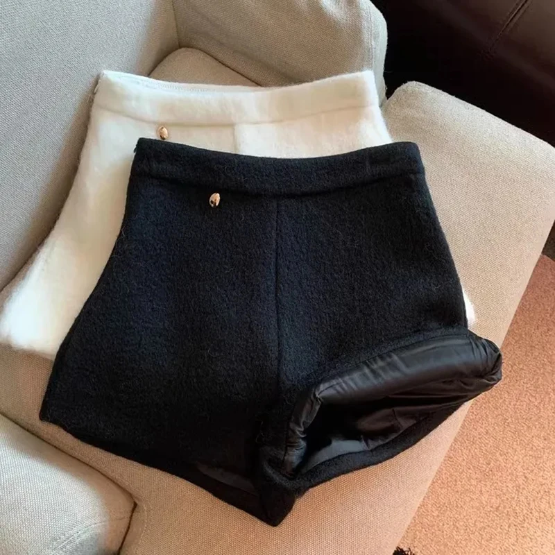 High Waist Woolen Shorts Women Y2K Streetwear Autumn Winter Casual Wide Leg Shorts Small Fragrance Zipper Hottie Straight Shorts
