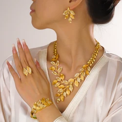 Luxury Dubai Jewelry Set For Women Charm Leaf Necklace Earrings Wedding Party African Set Gold Color Accessories