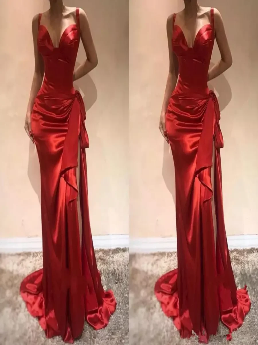 Elegant Red Long Evening Dresses 2021 Sweetheart Mermaid Formal Prom Dress With Slit Sweep Train Zipper Side Split Evening Gowns