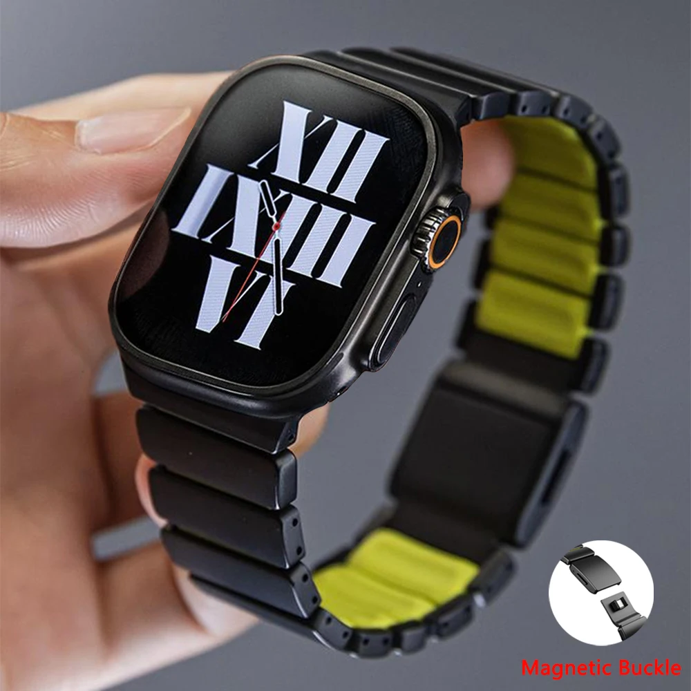 

Titanium Fluorubber Band for Apple Watch 11 10 46mm Ultra 3 49mm Business Correa for Iwatch 9 8 7 45mm 6 SE 44mm Magnetic Strap