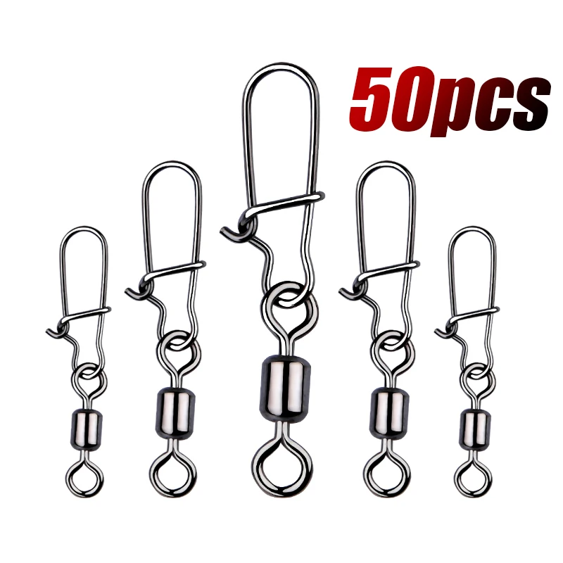 50PCS Pike Fishing Accessories Connector Pin Bearing Rolling Swivel Stainless Steel Snap Fishhook Lure Swivels Tackle