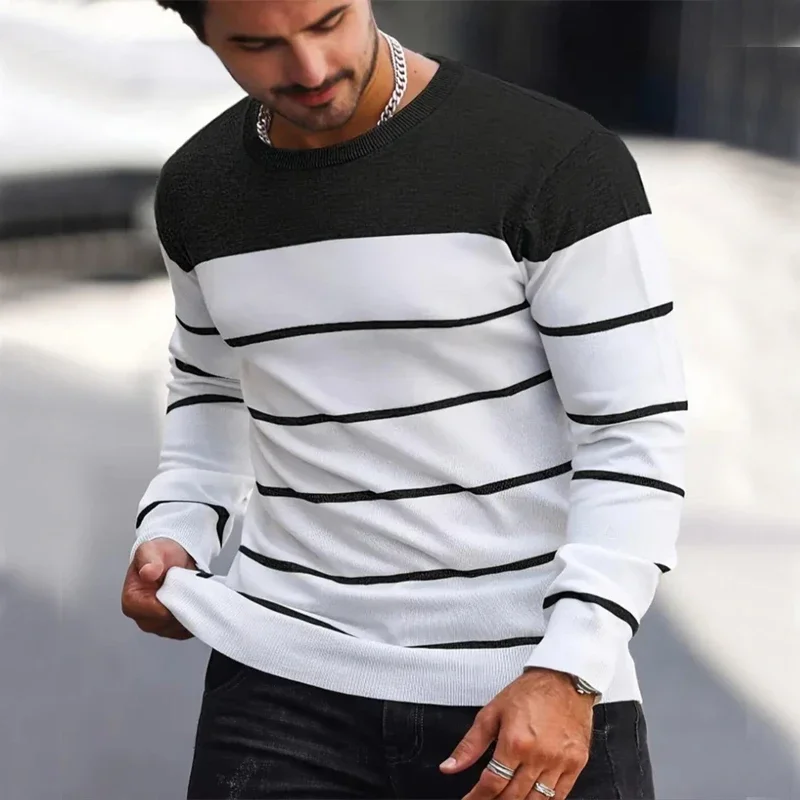 

2024 New O-neck Cotton Pullover Men's Sweater Striped Casual Autumn and Winter High Quality Knitted Sweaters for Men