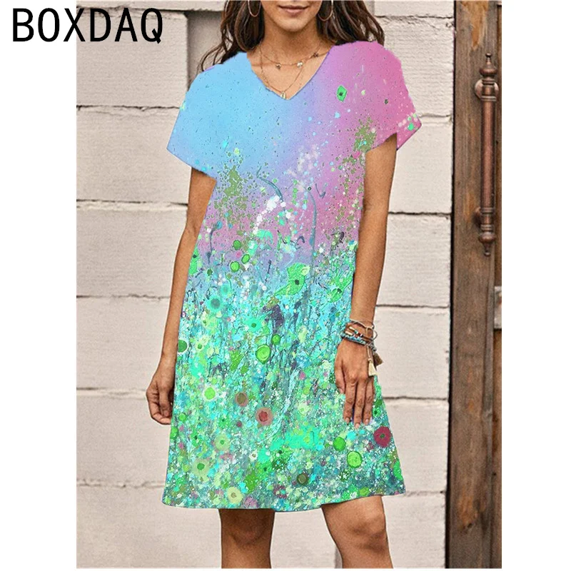 2024 Sommerkleid Mode 3d bunte Blumen Farbverlauf Kleid Frauen Kurzarm V-Ausschnitt elegante Urlaub Strand kleid große Größe Kleider