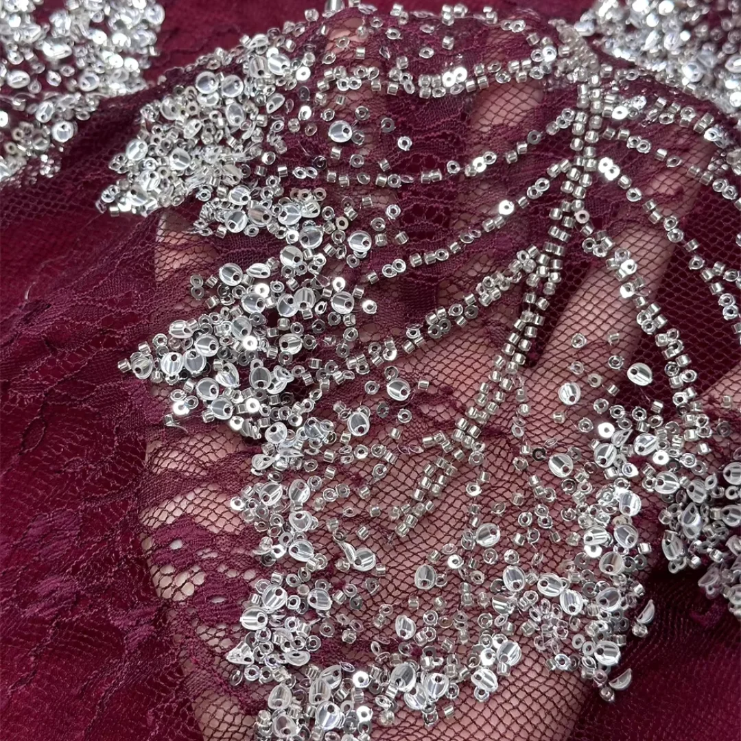 Gorgeous Burgundy Tulle Silver Maple Leaf Motif Sequins Beaded Embroidered Mesh Lace French Textile for Party Dinner Dress