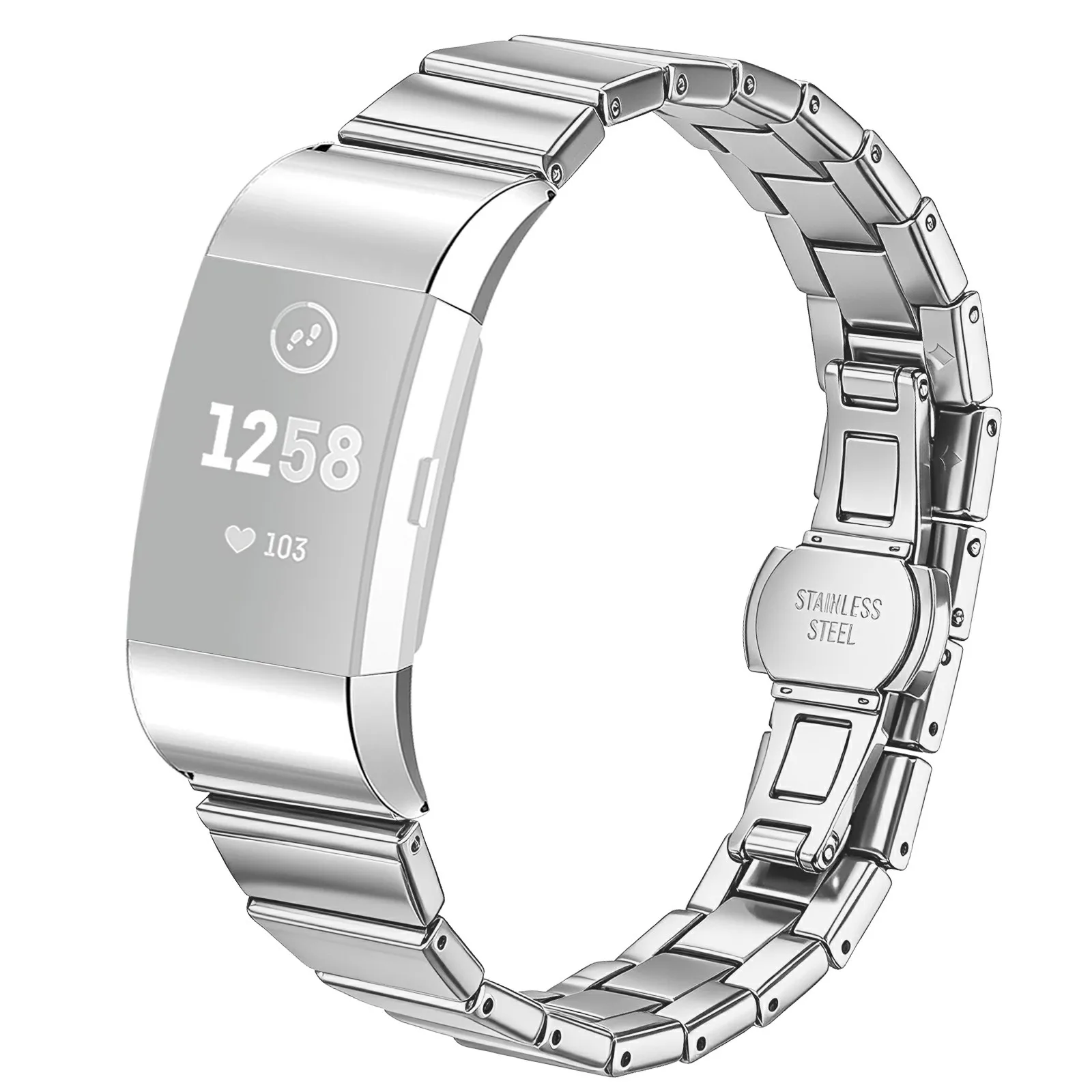 For Fitbit Charge 2 Strap One-bead Stainless Steel Watch Band with Butterfly Buckle - Silver
