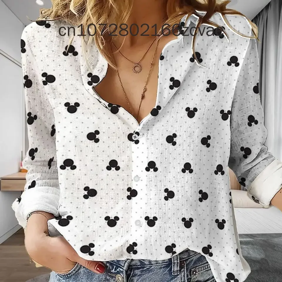 Summer New Disney Minnie Mouse Women\'s Long Sleeve Shirt Disney Button Cardigan Temperament Simple Shirt Street Women\'s Shirt