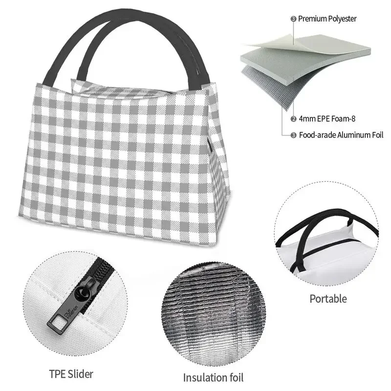 Sac à Déjeuner Isotherme Gris et Blanc à Carreaux Géométriques, Conteneur Réutilisable pour le Camping, Boîte à Nourriture