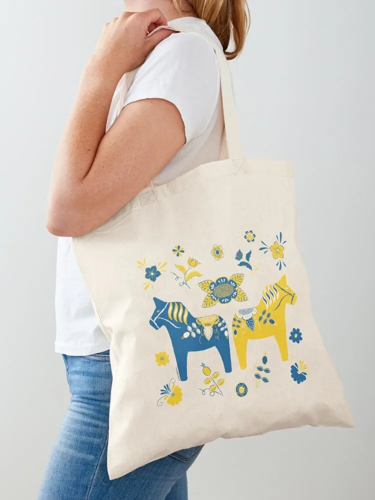 Folk Art - Swedish Dala Horses - Blue Yellow Tote Bag Shopper handbag Cloth bag Tote Bag