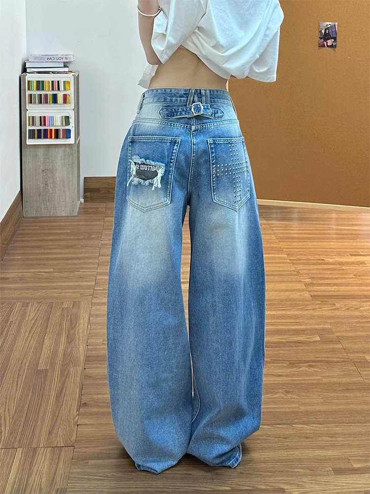 

American High Street Design Rivet Hole Denim Pants Women Summer Loose Bf Lazy Style Versatile Floor-Length Pants
