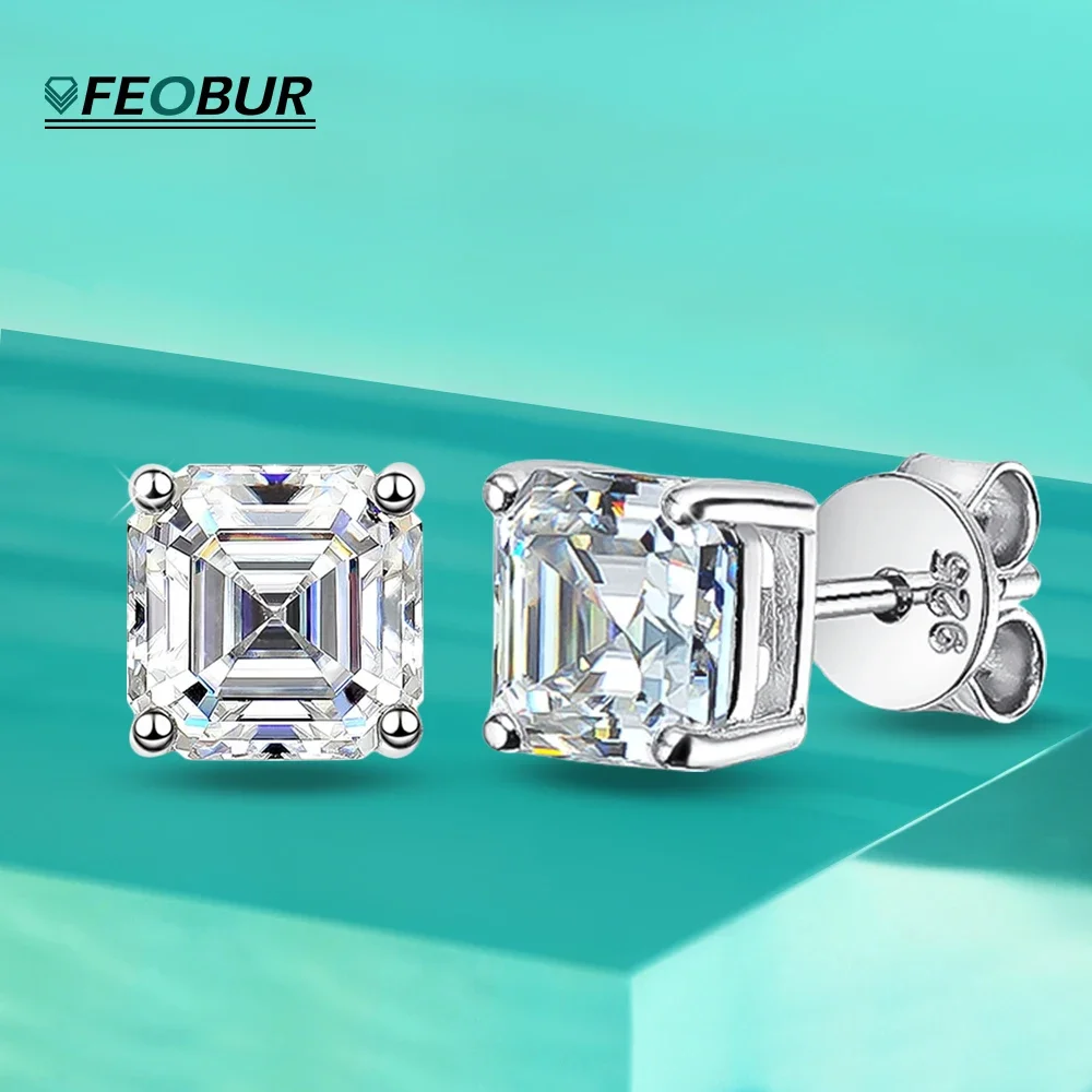 

FEOBUR 2CT Asscher Cut Moissanite Stud Earrings for Women Men 925 Sterling Silver Sparkling Lab Diamond Ear Studs Anti-allergy