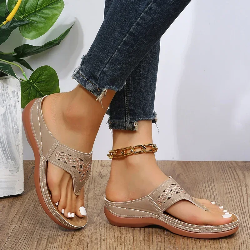 Women Platform Sandals Beach Casual Wedges Flip Flops Premium Orthopedic Open Toe Big Toe Anti-slip Outdoor PU Leather Shoes