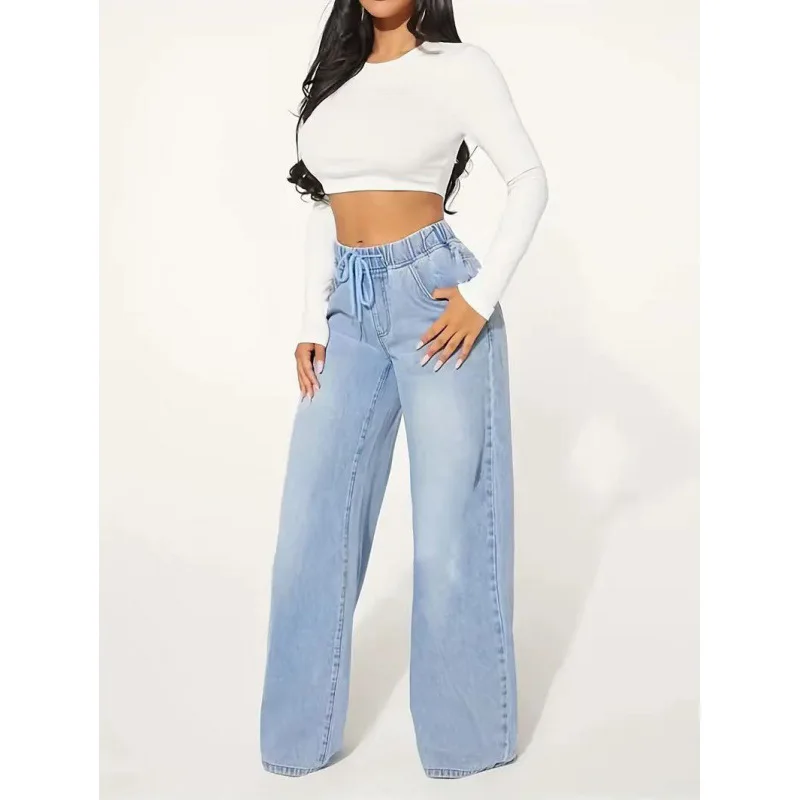 

High Waist Skinny Drawstring Loose Wide Leg Pants for Women Casual Washed Denim Trousers European Style Ladies Jeans
