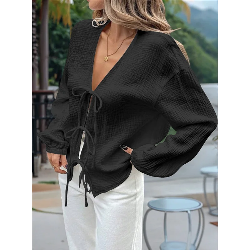 

ASDS-Womens Bow-Tie Front Tops Babydoll Puff Long Sleeve Blouse Y2k Casual Shirt