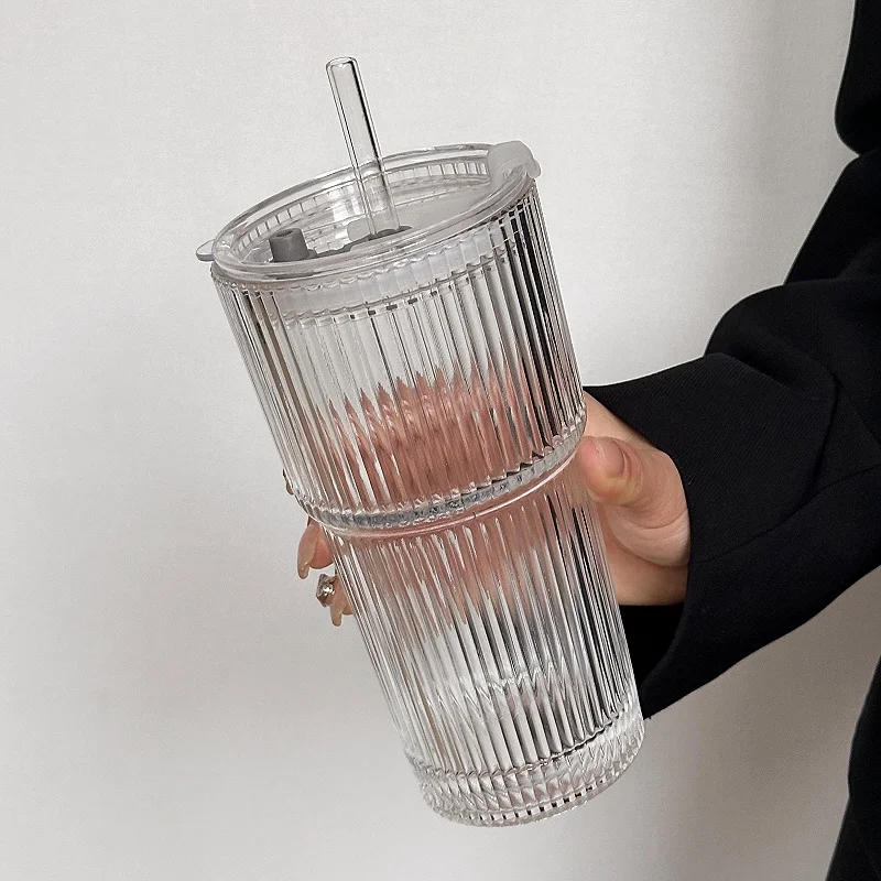 Grote capaciteit gestreepte glazen koffiekop met dekseldeksel Stro Transparante drinkglazen voor sap IJskoffiemokken Drinkgerei