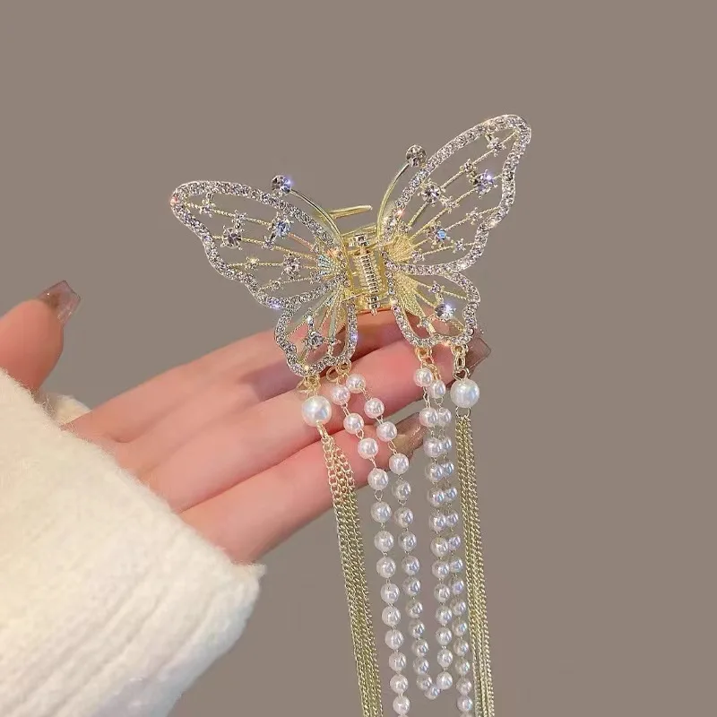 Super fairy butterfly tassel grab clip hollow pearl rhinestone hair grab back spoon shark clip temperament headwear