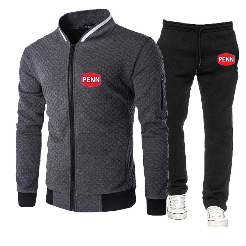 2024 Lente Herfst Mannen Penn Visserij-reel Logo Print Populaire Streep Ronde Hals Jasje + Casual Joggingbroek Effen Kleur slanke Set